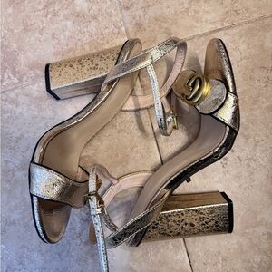 Gucci Marmont Silver Metallic Block Heel Sandals with GG Accent